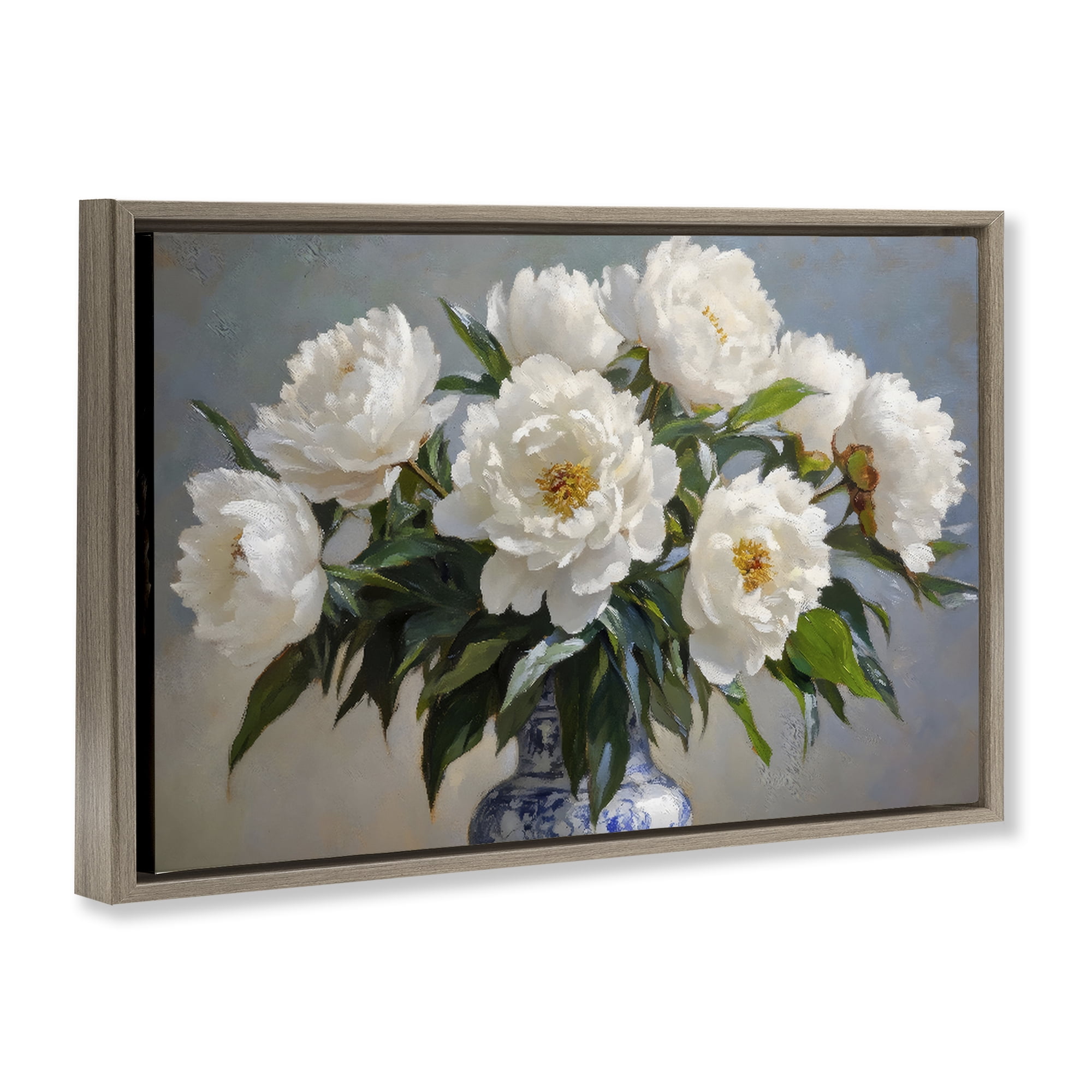 Stupell Industries In Full Bloom White Peonies Brown Framed Floater Canvas Wall Art, design by Petal Prints Design