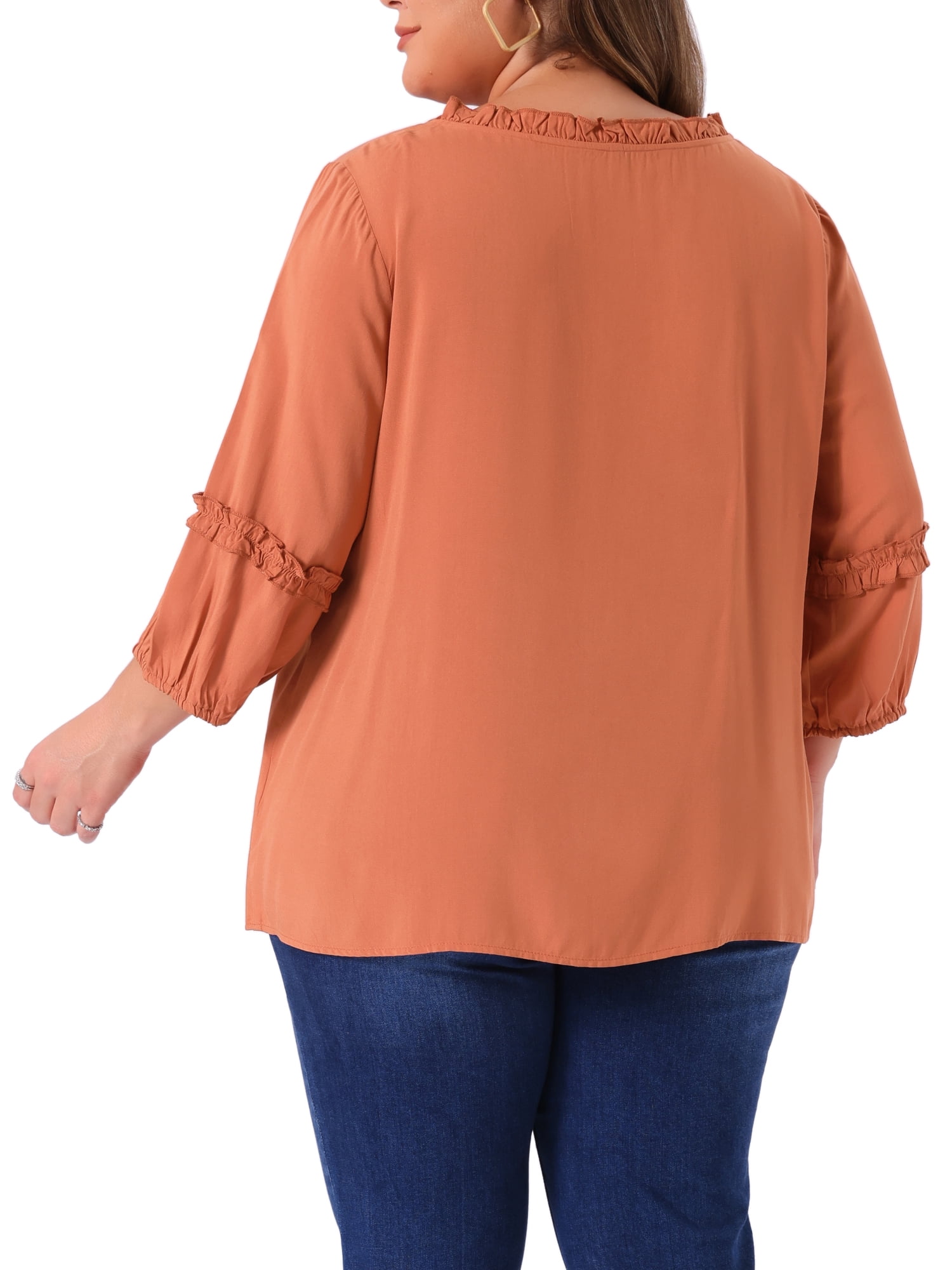 DARING DIVA Women's Plus Tops Tie Neck Tassel Self Flutter 3/4 Sleeve Blouses 4X Orange