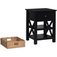 thumbnail image 4 of eHemco X-Side Solid End Table Nightstand with Drawer, 2 Storage Shelves and Wicker Basket, Black, 4 of 8