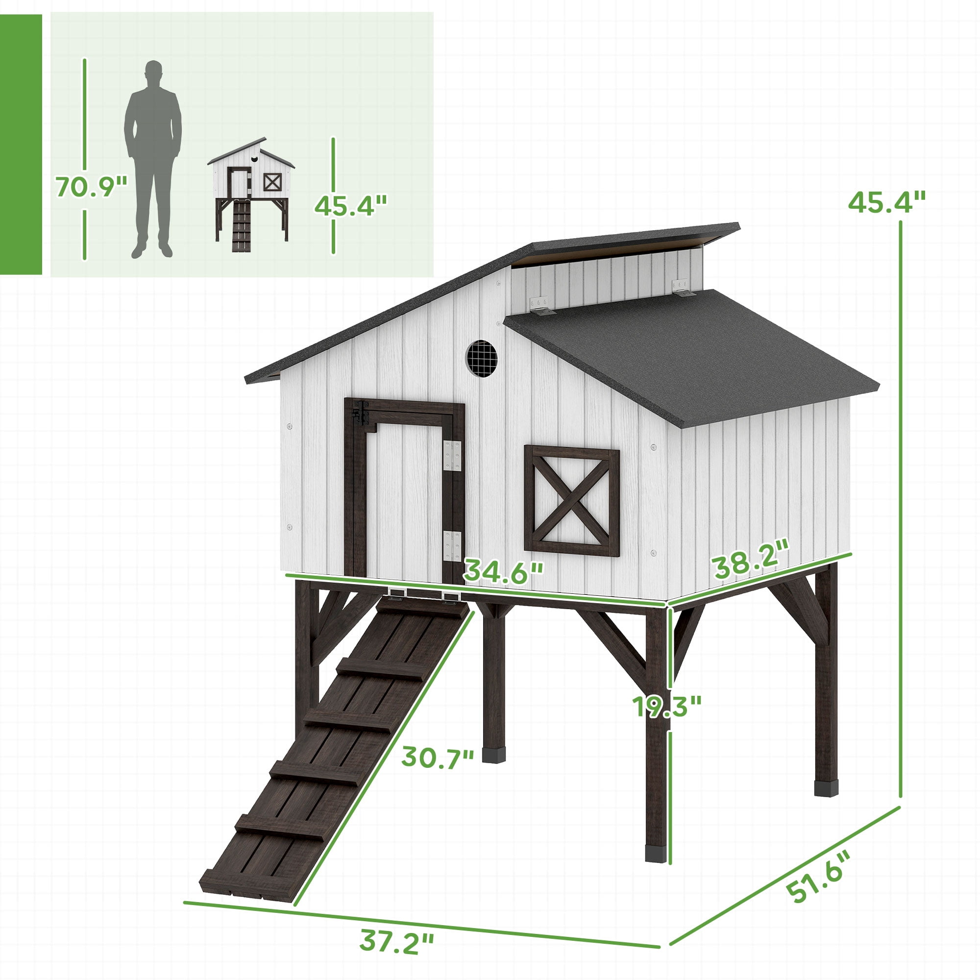 PawHut Chicken Coop Hen House with Nesting Box, Elevated Rabbit Hutch with Ramp, Asphalt Openable Roof and Elevated Legs, Outdoor Wooden Duck House