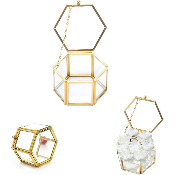 Glass Hexagon Jewelry Box, Geometric Jewelry Box, Gold Geometric