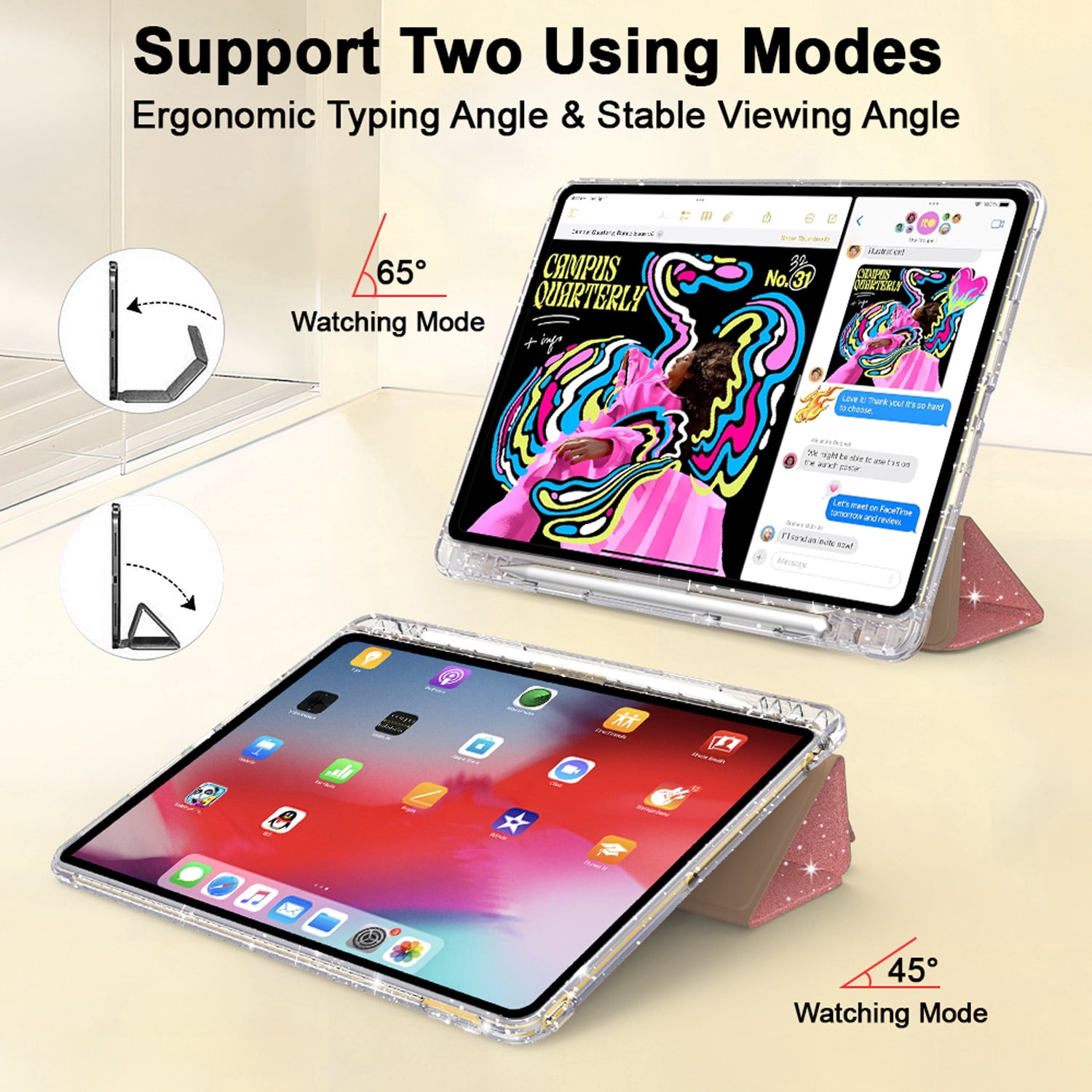 Decase Compatible with Apple iPad 10.2 inch 2021/2020/2019,Sparkle Cute Case,Glitter Cover with Sparkly Clear Back,Pencil Holder, Fits for iPad 7th/8th/9th Gen Case 10.2 inch for Kids Girls,Rosegold