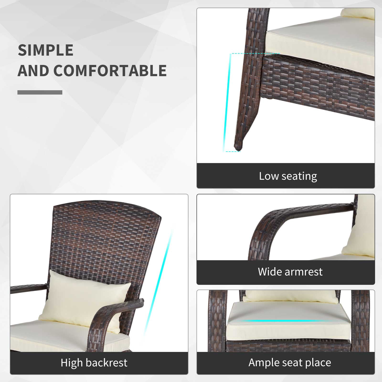 Outsunny Patio Wicker Adirondack Chair, Outdoor All-Weather Rattan Fire Pit Chair w/ Soft Cushions, Tall Curved Backrest and Comfortable Armrests for Deck or Garden, Cream White
