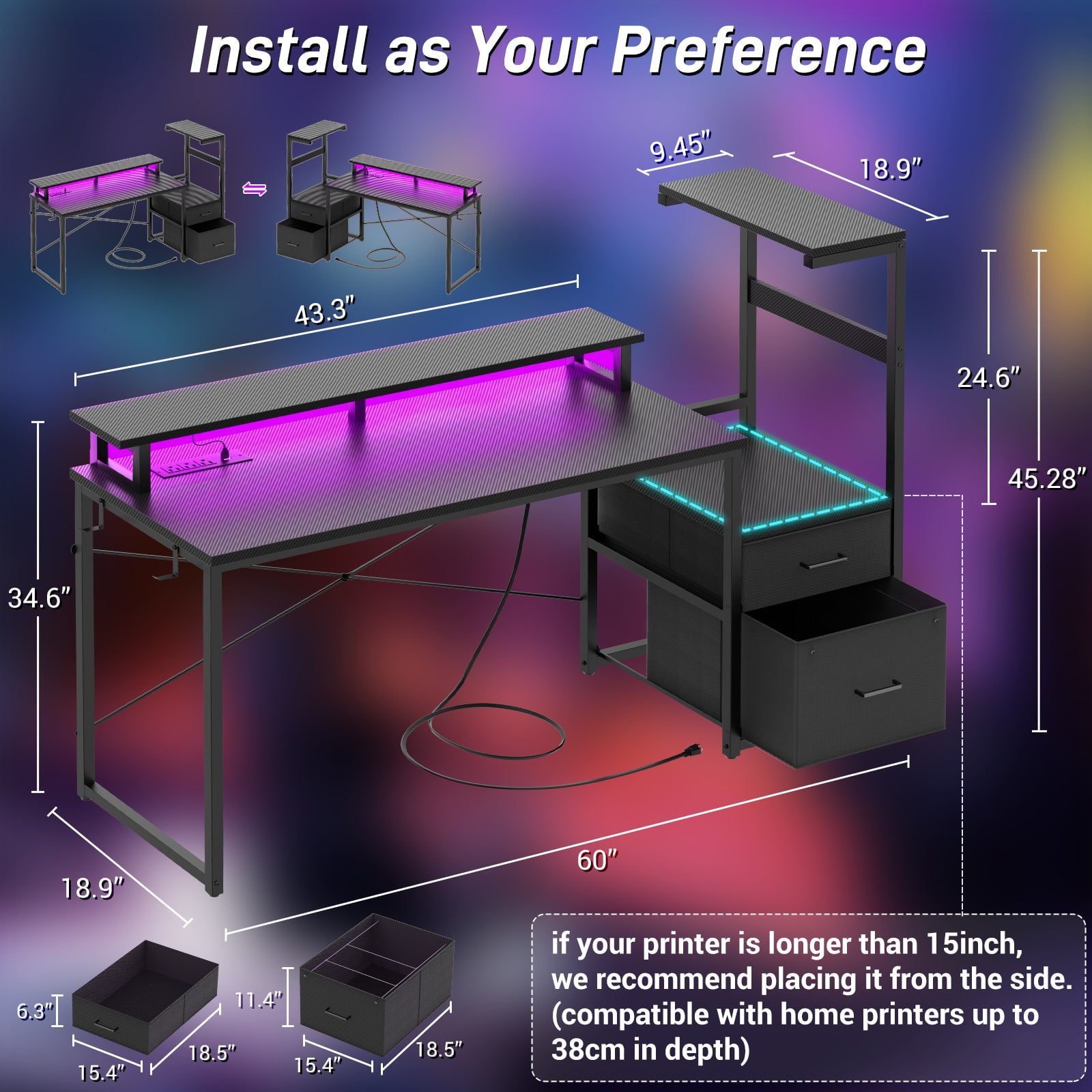Homieasy Gaming Desk with LED Light Strip and Power Outlet, 59 Inch Reversible Computer Gaming Desk with Monitor Stand & Drawers, Black