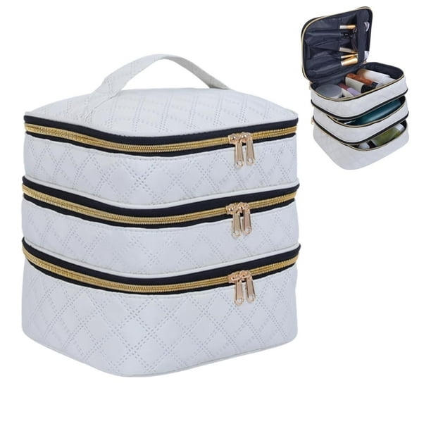 Bolsa de maquillaje LANDFOBO grande de 3 capas con asa Travel Beige