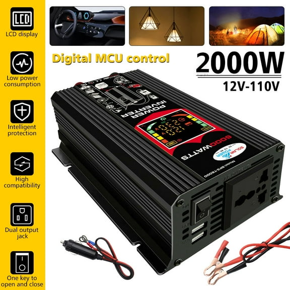 2000W Car Power Inverter DC 12V To AC 110V Correction Wave Solar Converter LCD