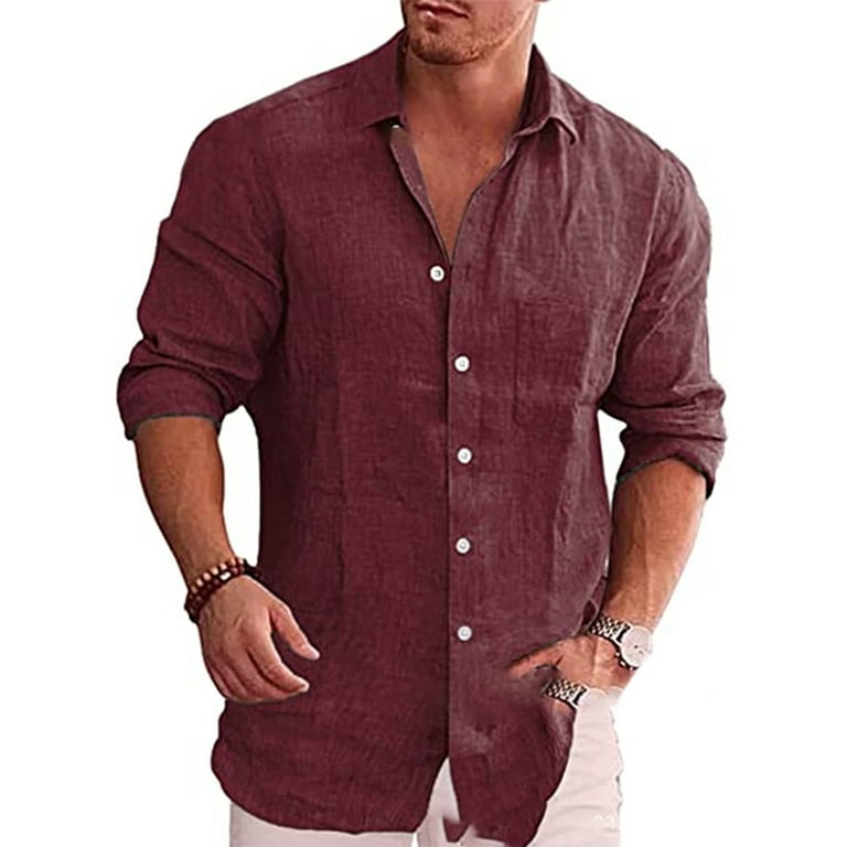 Glonme Mens Long Sleeve Tunic Shirt Plain Vacation Tops Casual With Blouse Wine Red XL - Walmart.com