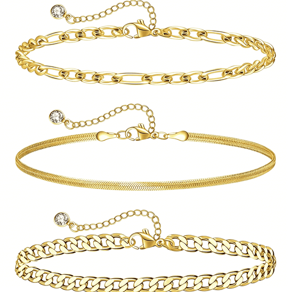 DESIGNICE Plus Size Ankle Bracelets for Women-Extra Large 10" 2" Adjustable Anklet 14K Real Gold Plated Anklet Cuban Link,Figaro,Rope,Snake Herringbone-Summer Beach Waterproof Foot Jewelry