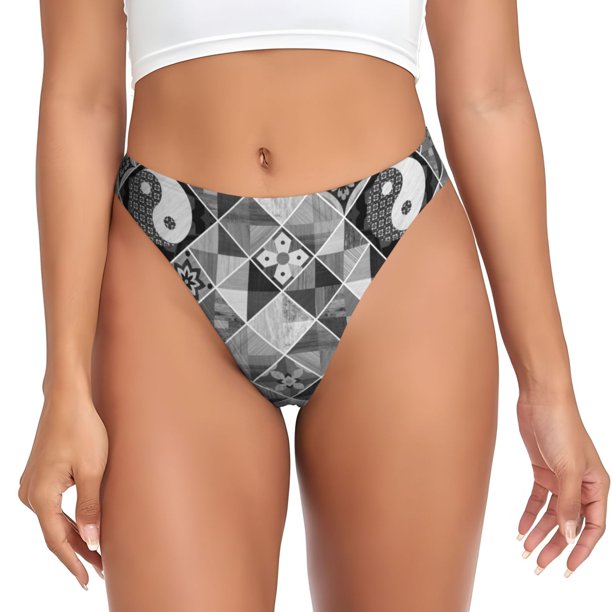 Balery Yin Yang With Black And White Tangas de Algodón para Mujer con Estampado – Ropa Interior Sexy, Transpirable, G-string-Medium