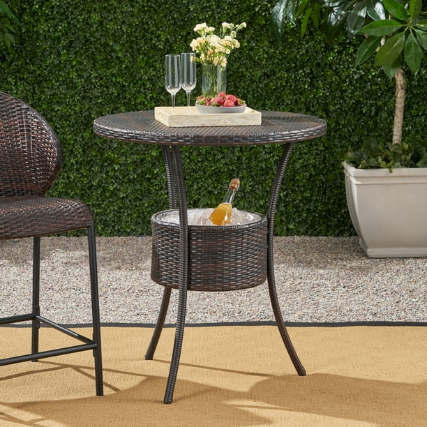 Elsenor Outdoor Round Wicker Table With, Outdoor Round Brown Wicker Coffee Table