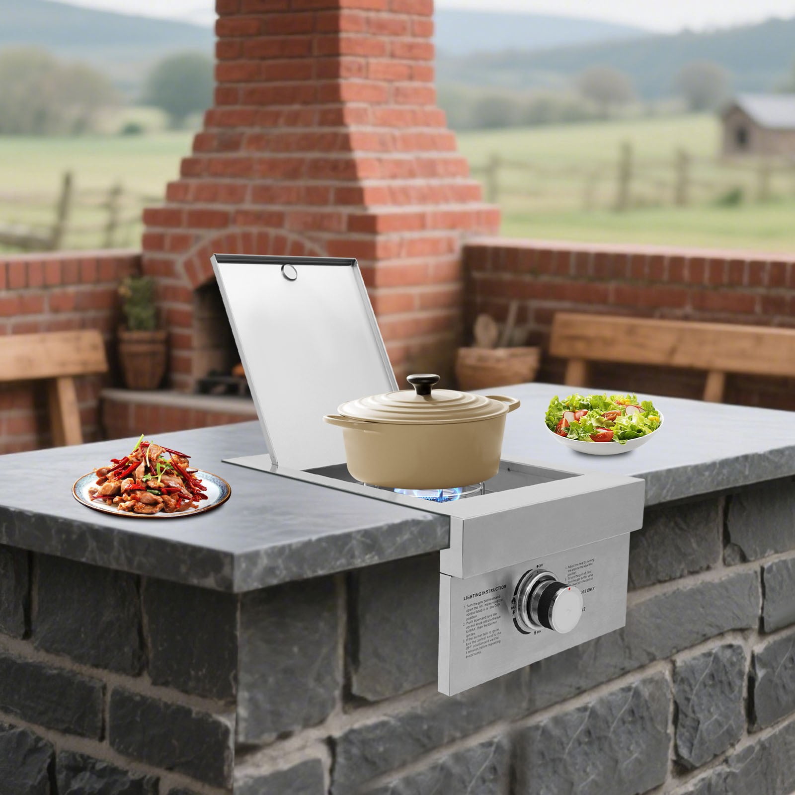 304 Stainless Steel Gas Stove, Grilling Side Burners Propane Single Burner with Cover, 3.5kW High Power Built-in Cooktop for Outdoor Kitchen & BBQ