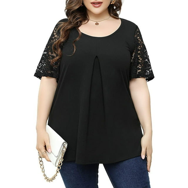 SMihono Hauts pour Femmes Été Chic Décontracté Mode Femme Décontracté Col Rond Blouse Unie Dentelle Manches Courtes-chemise Été Grande Taille Hauts T-shirt Oversize pour Femmes