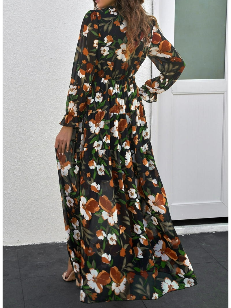 Dokotoo Women's Boho Floral Maxi Dress, V-Neck, Long Sleeve, Black, Size US  8-10(M) - Walmart.com