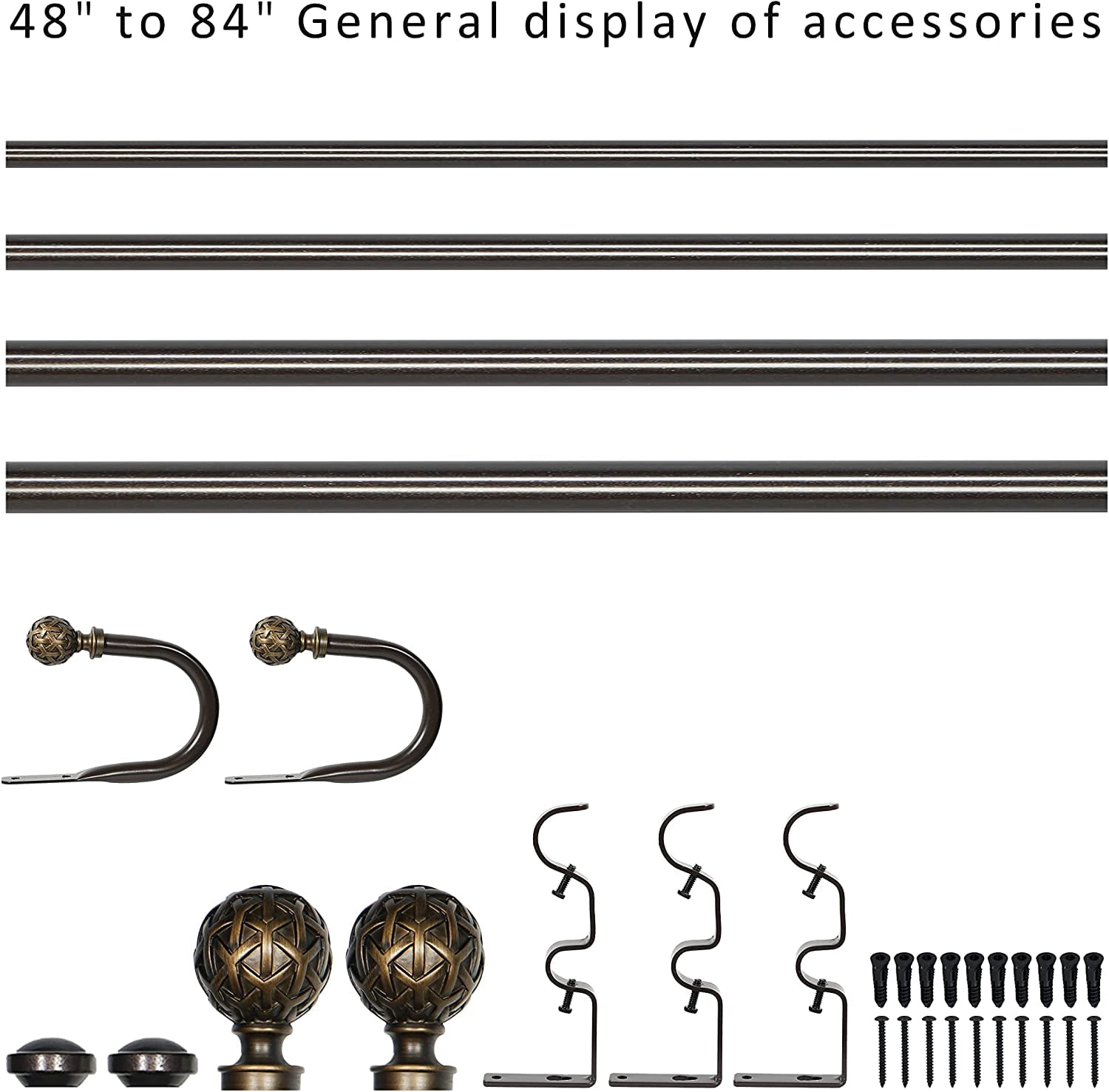 eTeckram 1" Double Curtain Rod with Pompeii Bronze Geo Ball Finials and holdbacks, 48" to 84"