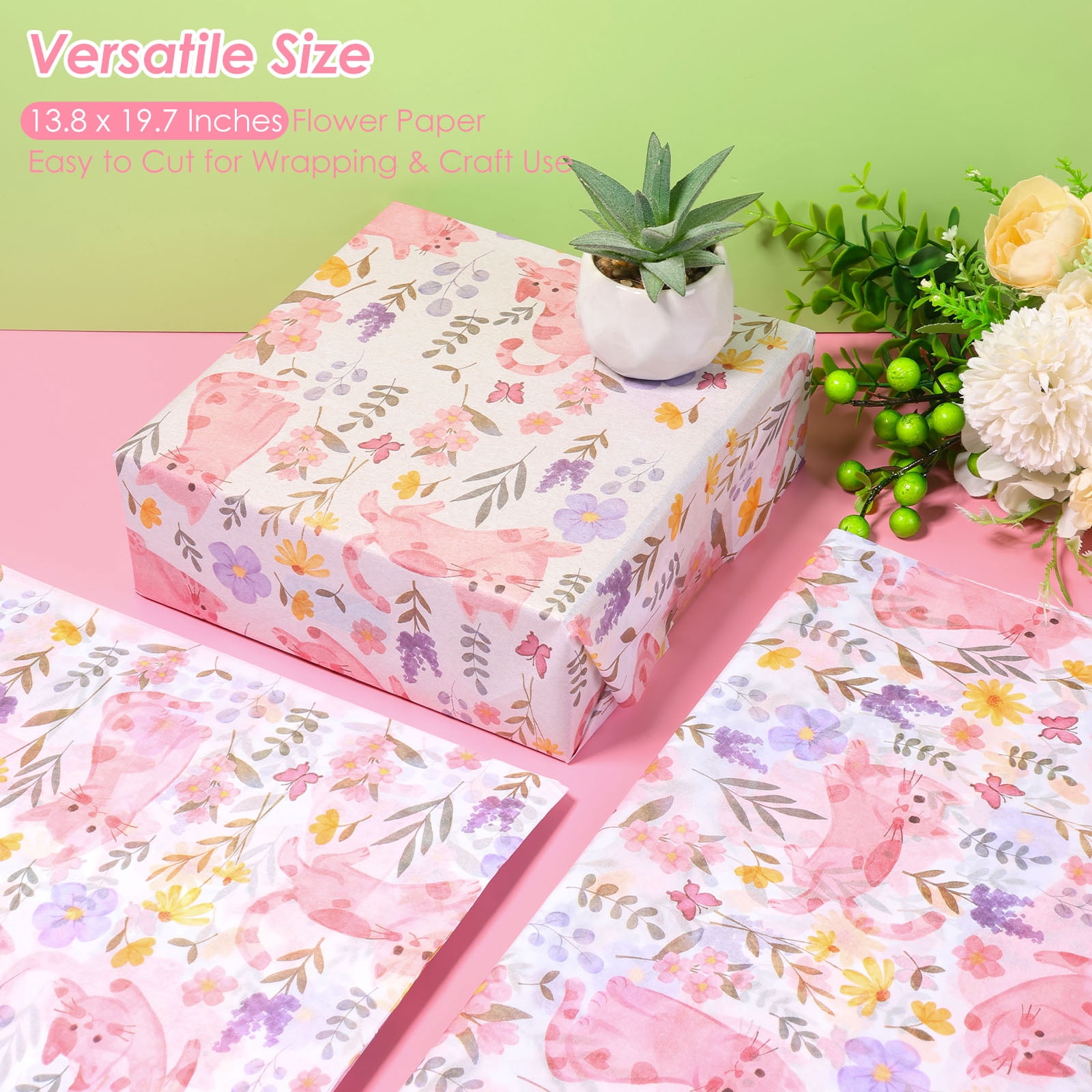 Atopoler 200 Sheet Cartoon Tissue Paper,Cute Animal Floral Preasent Wrap Tissue Paper for Wrapping Crafting Packing,20 x 14 inches,Pink Color