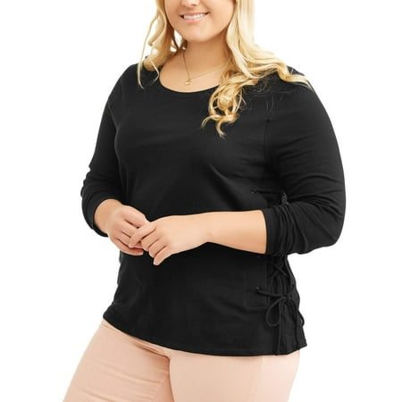 Junior's Plus Long Sleeve Side Lace Up Top
