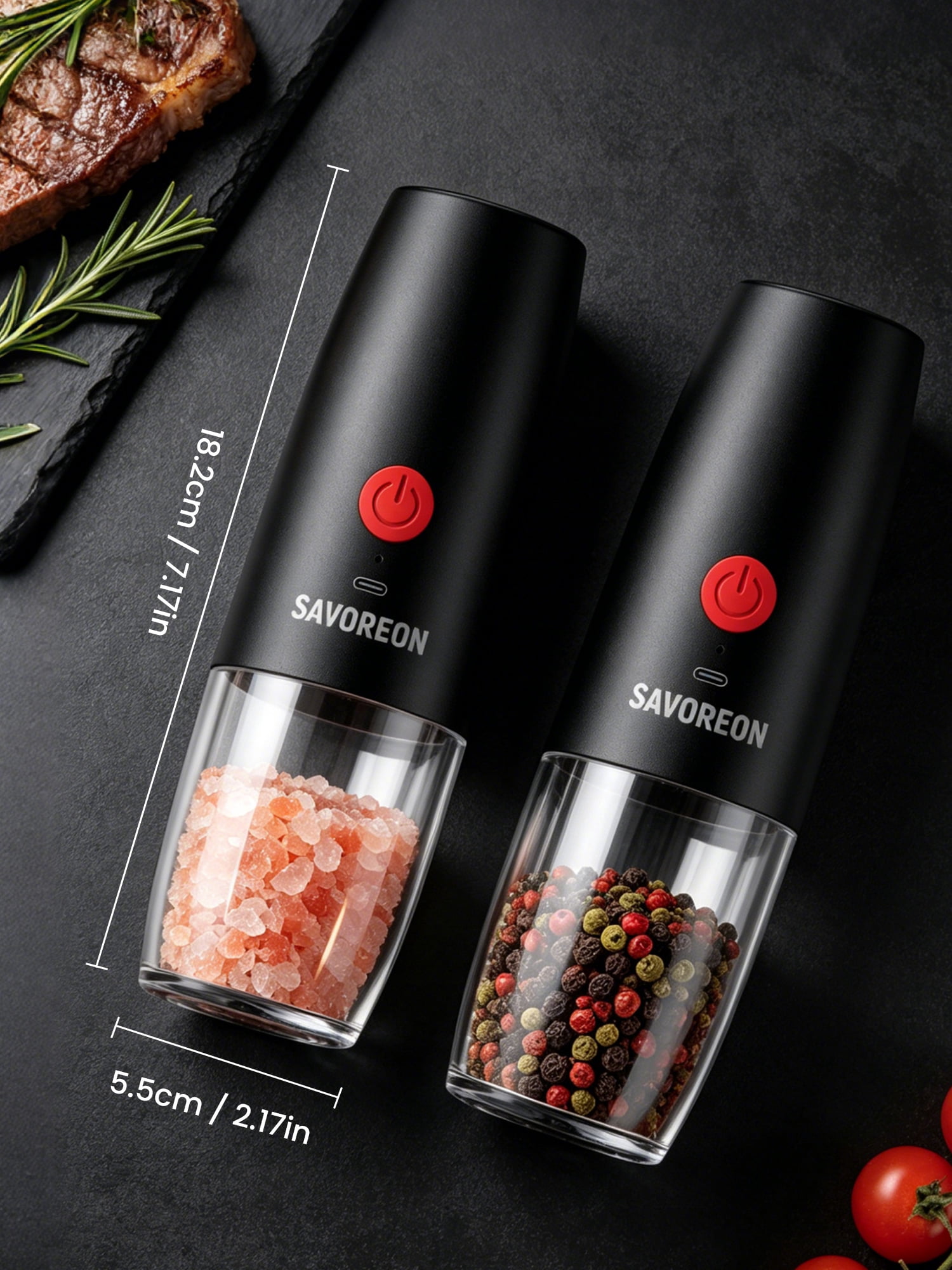 Rechargeable Electric Salt and Pepper Grinder Set, Automatic Pepper Mills with 150ml Container, External Adjustable Coarseness, White Led Light and One-Handed Operation, Black