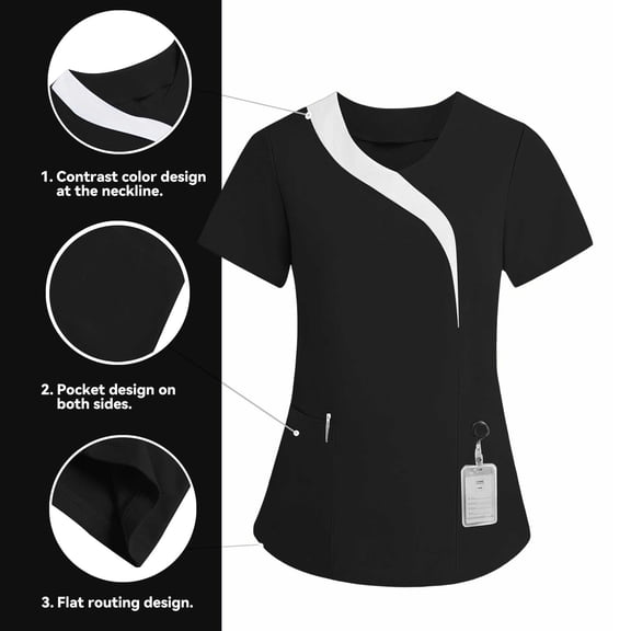 Babysbule Women's Color Block V-Neck Short Sleeve Scrub Top, Stretch Polyester Blend Caregiver Uniform with Pockets for Medical and Daily Wear
