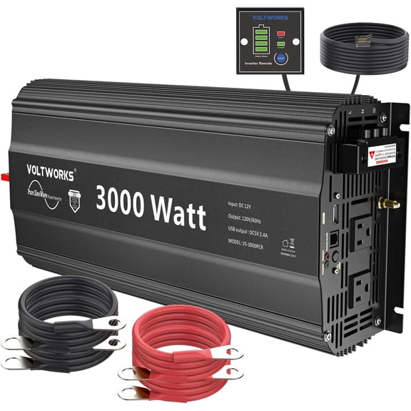 3000Watt Pure Sine Wave Inverter 12V DC to 110V 120V AC with UL Fuses 3000W Power Inverter for Home RV Truck Off-Grid Solar with AC Hardwire 30A Compatible with Lithium Battery VOLTWORKS