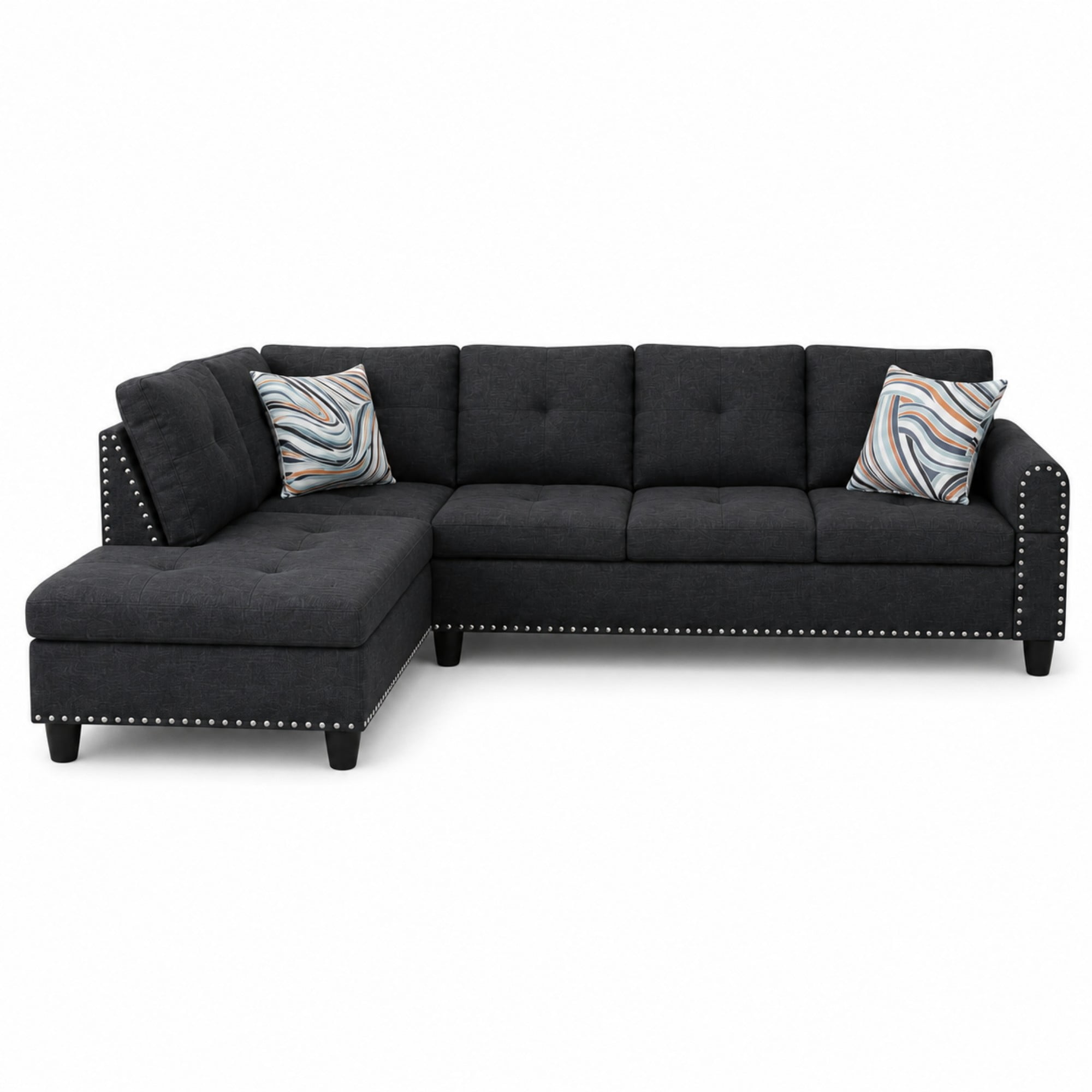 Momspeace 3 Piece Sectional Sofa with Cup Holder, 98" Linen L-Shaped Sofa for Living Room, Black