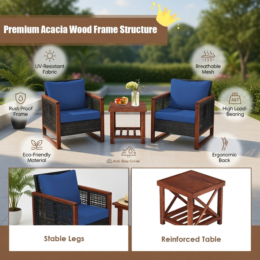 Hommoo 3-Piece Outdoor Wicker Patio Furniture Set, Rattan Sofa & Acacia Wood Coffee Table with Washable Cushions, Navy