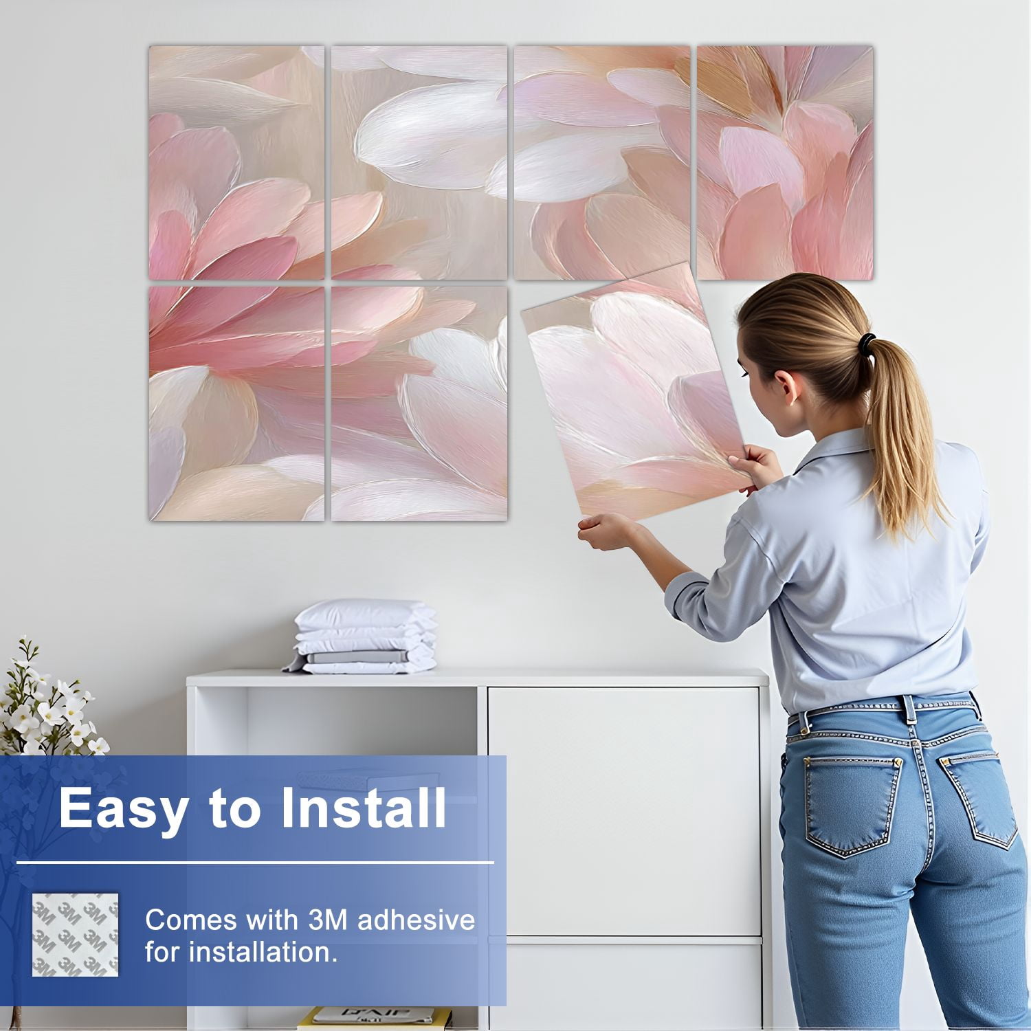 8 Pack Art Acoustic Panels Sound Absorbing Soft Pink White Floral Decorative Soundproof Wall Panels Self Adhesive for Nursery Game Room Bedroom 48"x32"