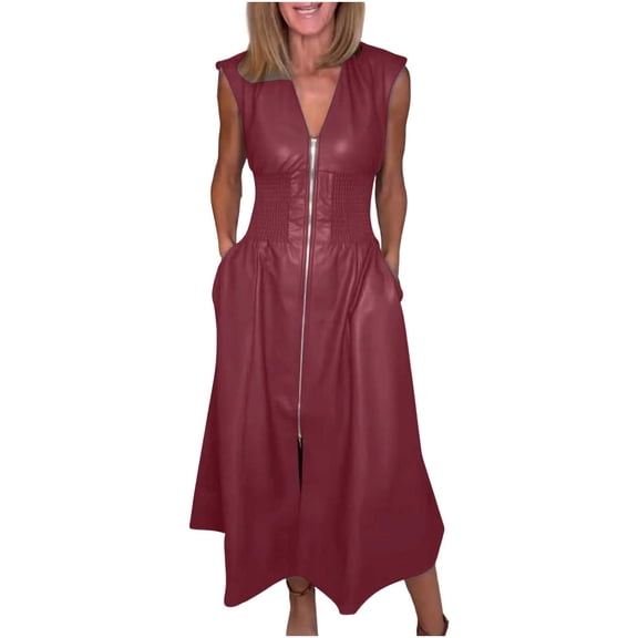 Kilaqueen Dresses for Women Faux Leather Front Zip Sleeveless V-Neck Midi Dress with Pockets Solid Color Trendy Bodycon Dresses