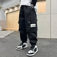 thumbnail image 2 of AWZXDE Boys autumn winter solid color cargo pants large kids stylish outdoor lightweight pants cool athletic pants for daily use Black,11-12 Years, 2 of 7