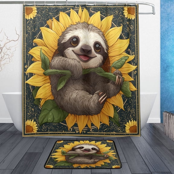 TTYFWHD 60" x 72" Shower Curtain and Bath Mat Set Smiling Happy Baby Sloth Waterproof Bathroom Curtain with 12 Hooks, Bathroom Decor Set