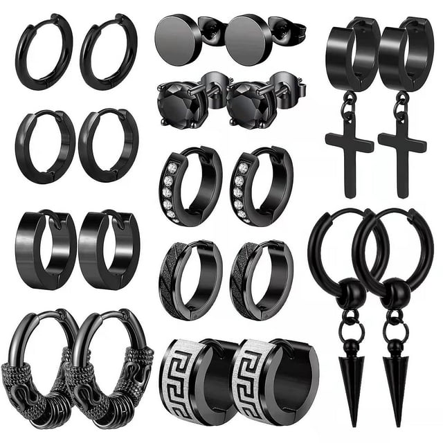 11 pares de pendientes para hombre, pendientes negros, pendientes de hombre, pendientes de aro negros, juego de pendientes de acero inoxidable, piercings de joyería para hombres y mujeres