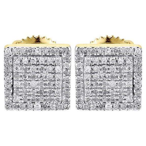 Diamond Earrings Mens 10K Yellow Gold Round Cut Square Studs Fully Iced 0.25 Ct.