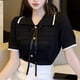 thumbnail image 3 of Blusa de punto con cuello vuelto para mujer, blusa de manga corta con un solo pecho y lazo a cuadros en la parte delantera, Top elegante negro, talla libre 77,2? 132,3 lb, 3 of 8