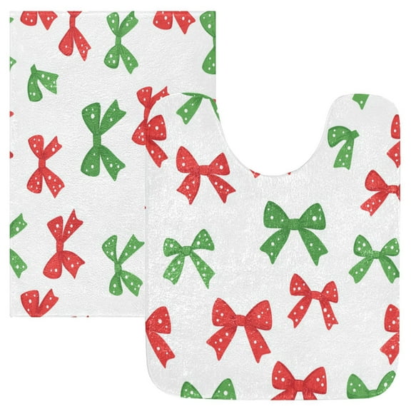 2 Piece Soft Bathroom Rug Set Red and Green Bows Bath Mat and U-Shaped Toilet Contour Rug (16"x24" 20"x24")