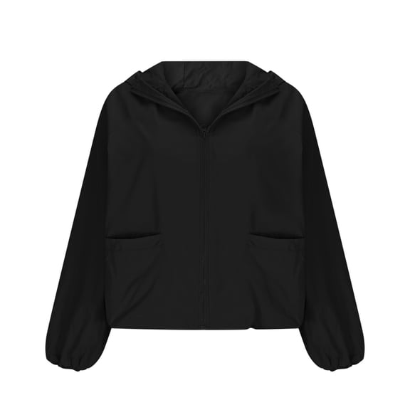 QUNYINEY Fall Jacket Women Full Zip Windbreaker Black Lightweight Outwear Loose Fit Long Sleeve with Hood Pockets Waterproof Women Coats
