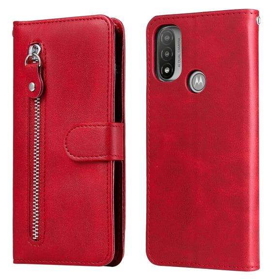 Case for Motorola Moto E20/E30/E40 Zipper Pocket Wallet Leather Case Magnetic Closure Flip Cover - Red