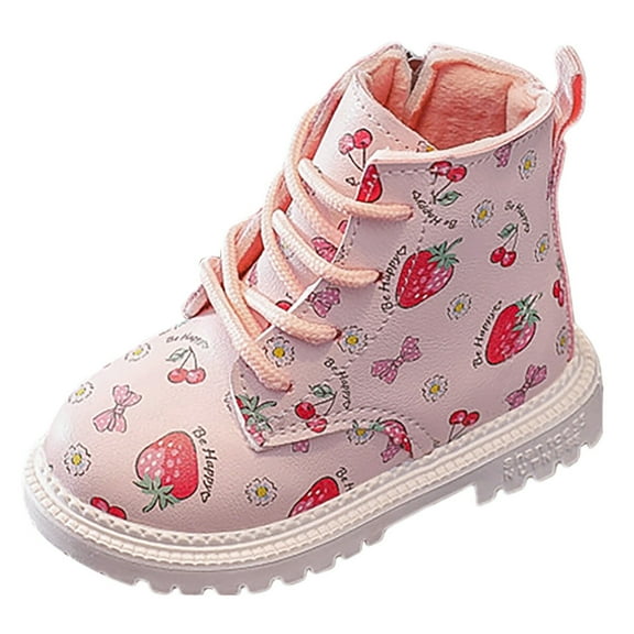 OVINYER Sweetheart Strawberry Girls Short Boots Fall Winter New Girls Plush Cotton Leather Boots Toddler Shoes Casual Cute Prewalker Footwear Leisure Design