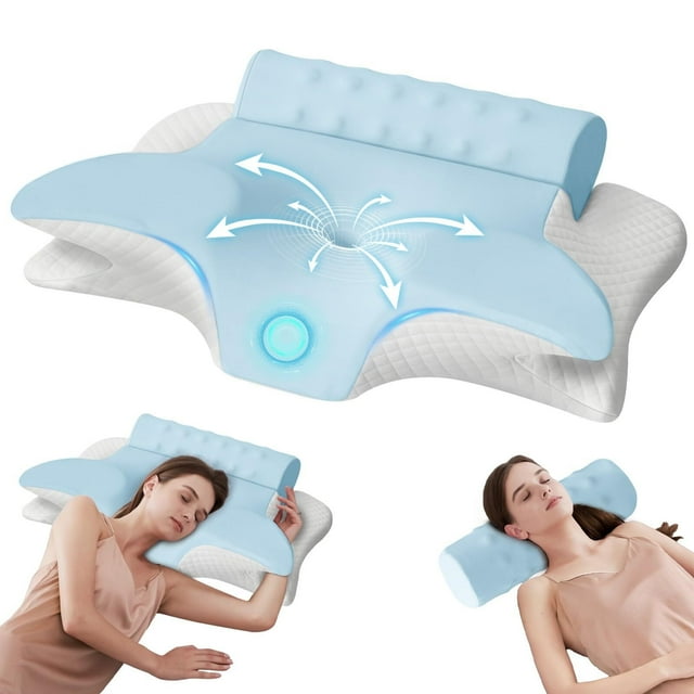 Almohada Memory Foam, Almohada Cervical 2 en 1 para Aliviar el Dolor de Cuello, Almohada Ortopédica Ergonómica para Boca Arriba y Boca Abajo, con Funda Almohada (Azul)