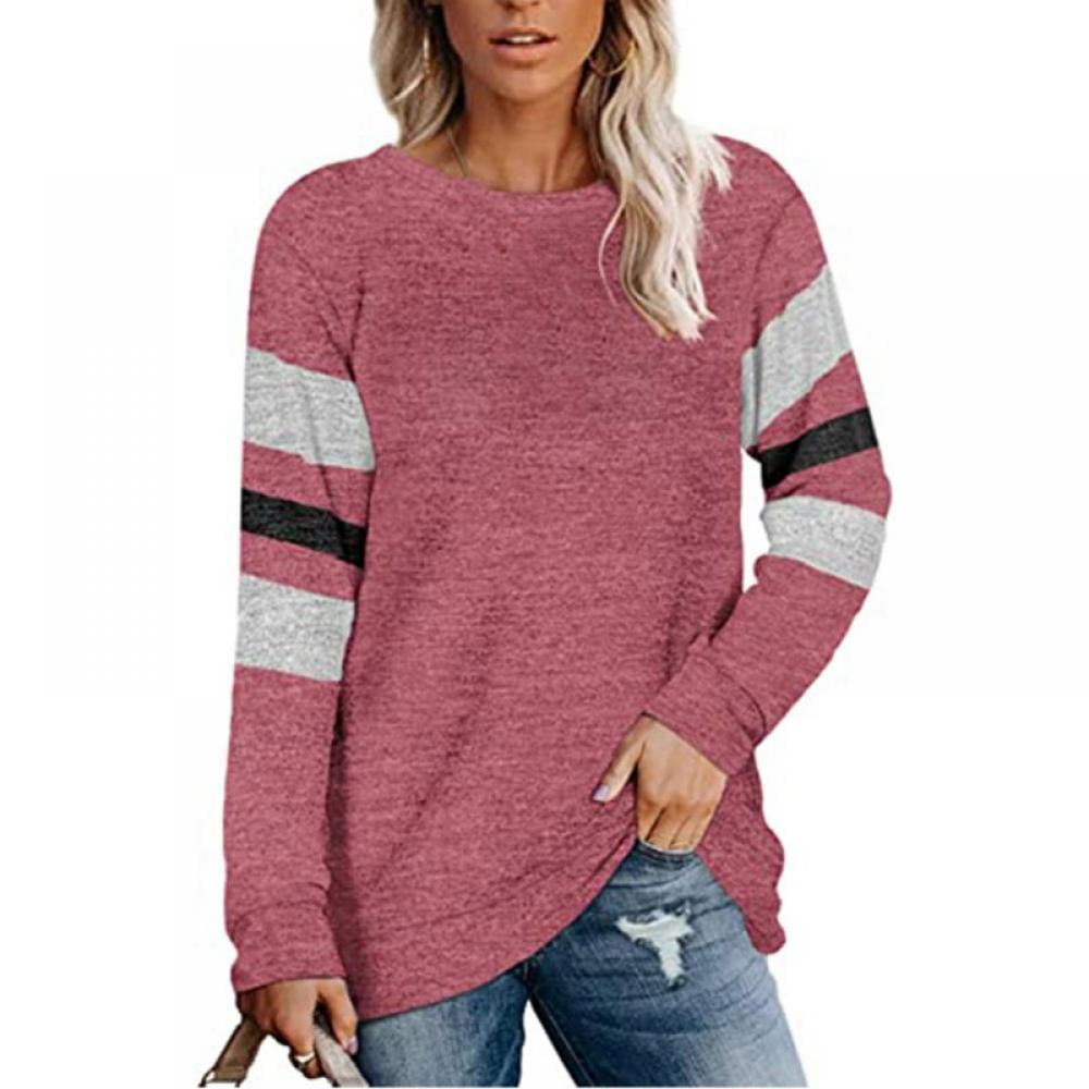 Womens Long Sleeve Casual Color Block Round Neck T Shirt Sweatshirt Tunics Tops 