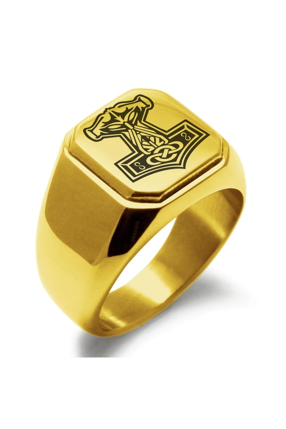 Stainless Steel Mjolnir Thor's Hammer Viking Norse Engraved Square Flat Top Biker Style Polished Signet Ring
