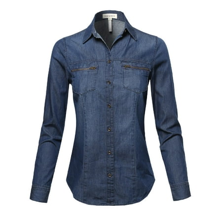 Chambray Pocket - FashionOutfit Women's Basic Classic Button Closure Roll Up Sleeves Chest Zipper Pocket Denim Chambray