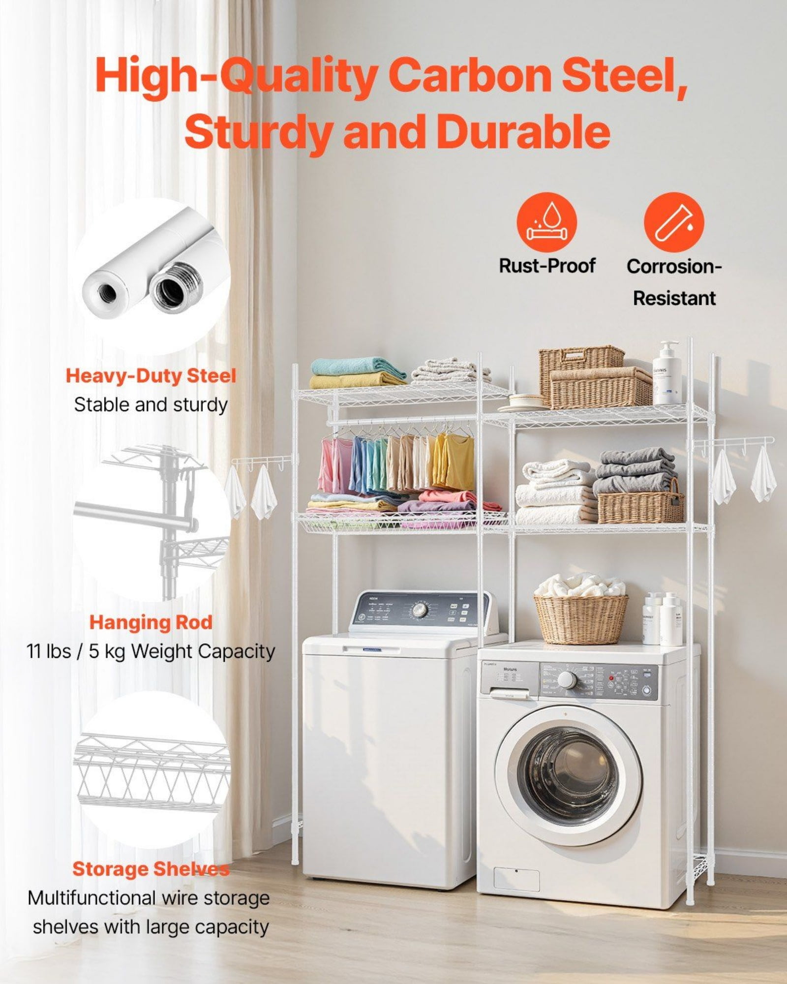 4-Tier Over Washer & Dryer Shelf with Hanger Rod & Hooks, Adjustable Laundry Storage Rack, Space-Saving Organizer, White – Sturdy & Versatile