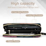 Womens Wallet Bifold Ladies Cluth Bag Wristlet Wrist Strap Long Purse Colorful Grid Design