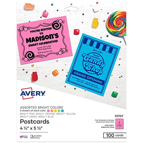 Avery Printable Blank Postcards, 4.25" x 5.5", Assorted Bright Colors