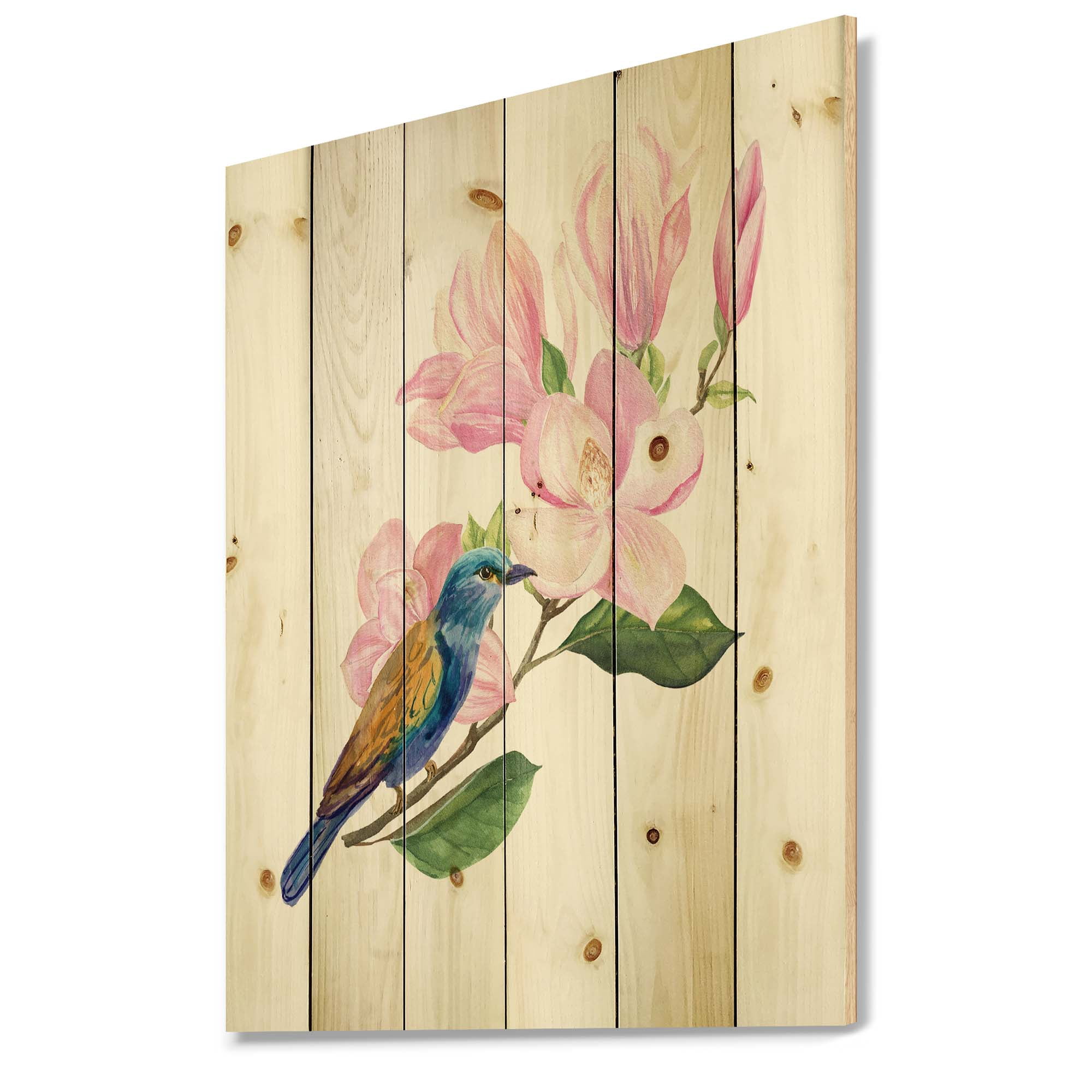 Designart 'Blue Bird Sitting On A Pink Magnolia' Traditional Print on Natural Pine Wood