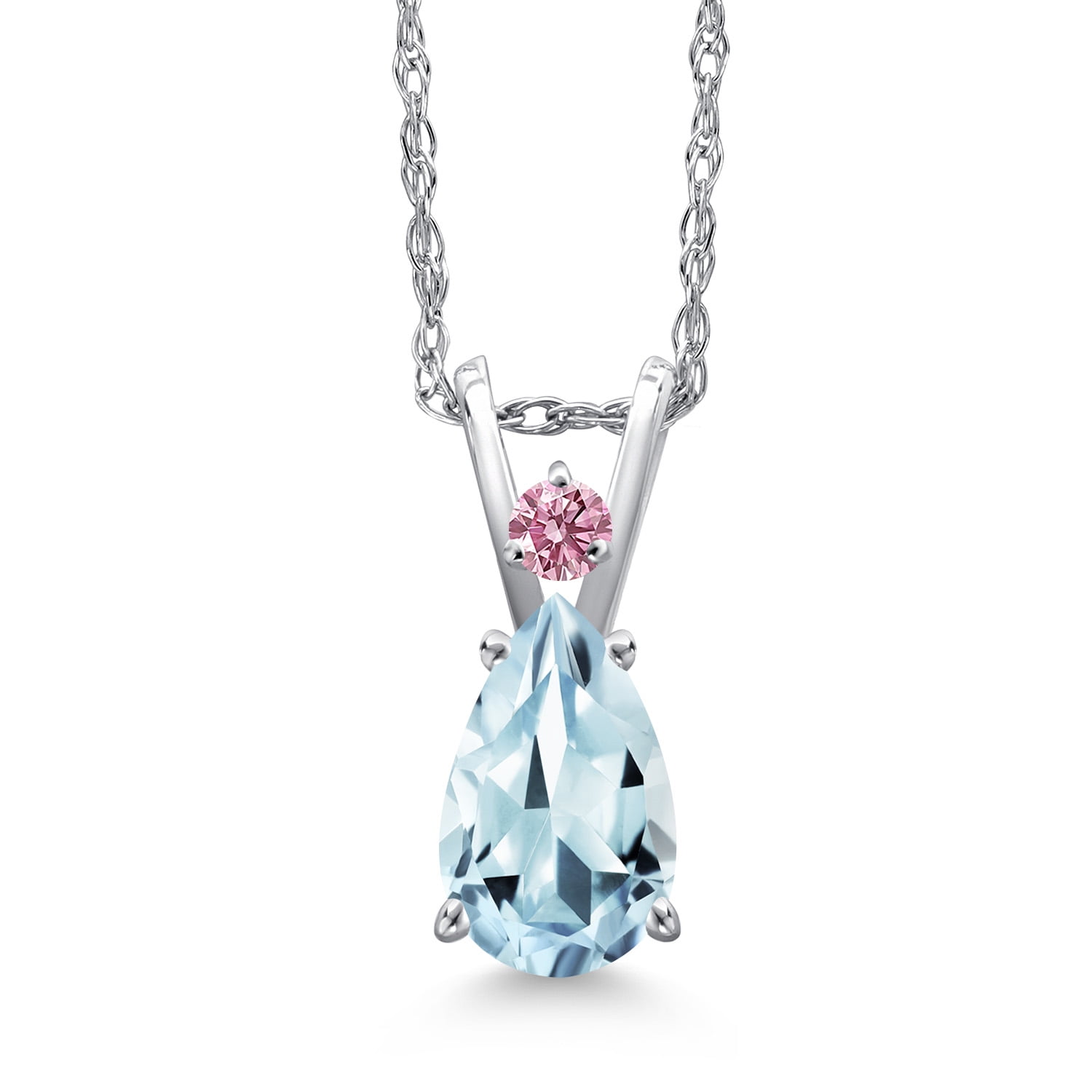 Gem Stone King 14K White Gold Sky Blue Aquamarine and Pink Lab Grown Diamond Pendant Necklace for Women | 0.80 Cttw | Gemstone March Birthstone | Pear Shape 8X5MM | With 18 inch Chain