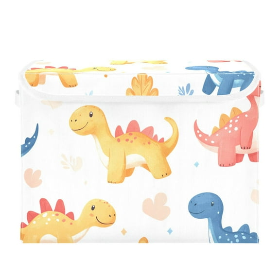 Cartoon Dinosaur Print Large Storage Bins with Linen Collapsible Lid Storage Box 16.7 x 12.6 x 11.8in