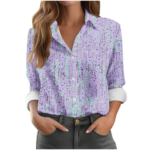 Tnhcen Women's New Fall Essential Long Sleeve Button-Up Shirt | Stylish Print Collar & Buttons | Stretchy Soft Fabric | S-3XL Versatile Daily Wear