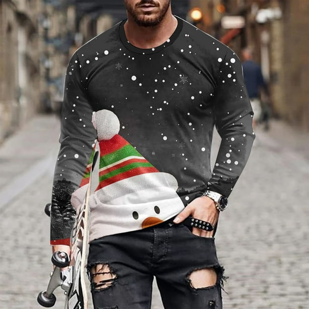 Blusas y camisas de manga larga y cuello redondo para hombre, informales, a la moda, con estampado navideño, cuello redondo, blusas de licra de manga larga para hombre.