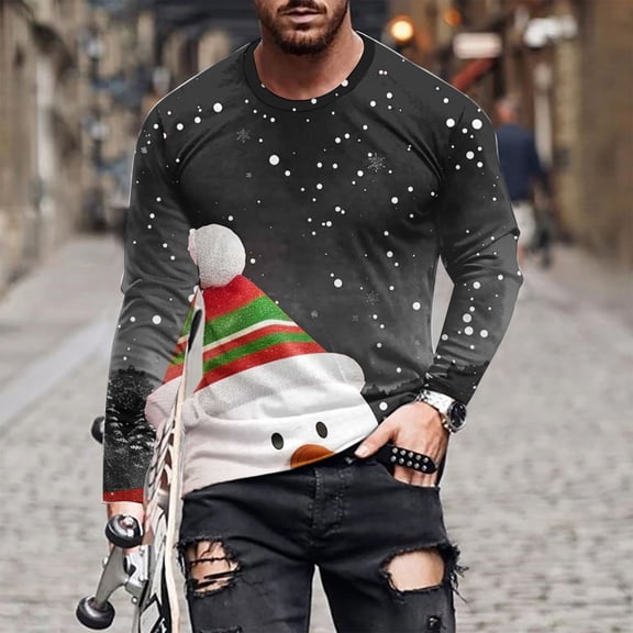 Aimik Christmas Long Sleeve T-Shirts,Men Women Funny Xmas Holiday Printed Tops,Vacation Christmas Shirt Crewneck Tees-Black L