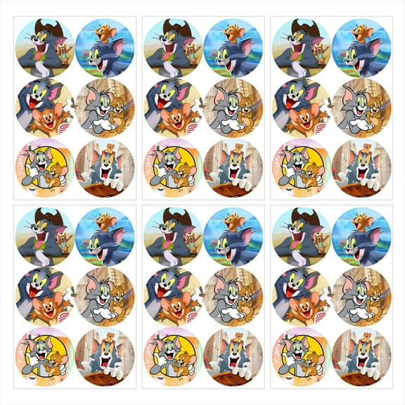 Tom and Jerry Stickers Party Favors Labels Birthday Thank You Themed Round Circle Baby Shower 60pcs